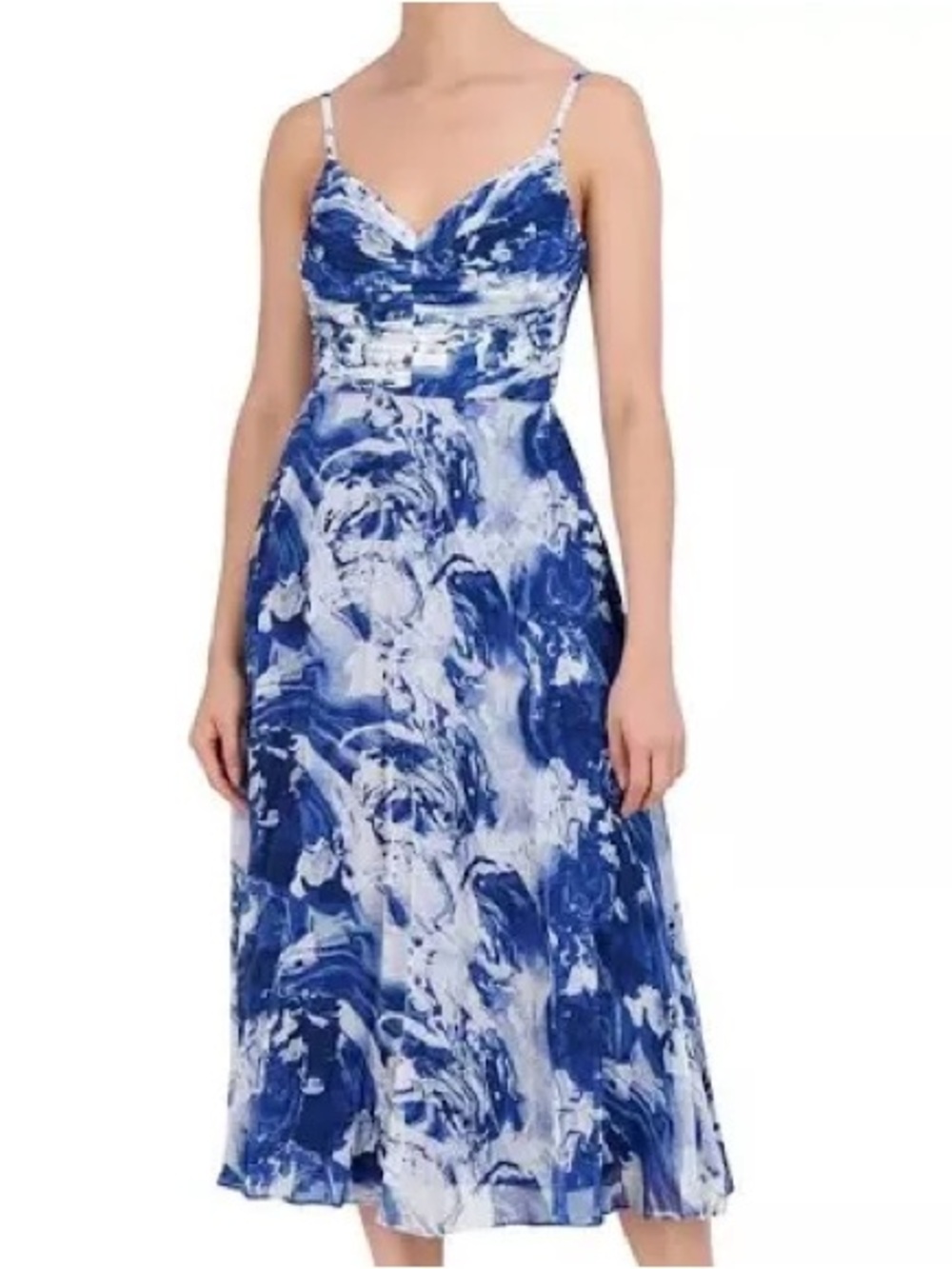 BCBG Blue & White Marble-Print Spaghetti Strap Midi Dress